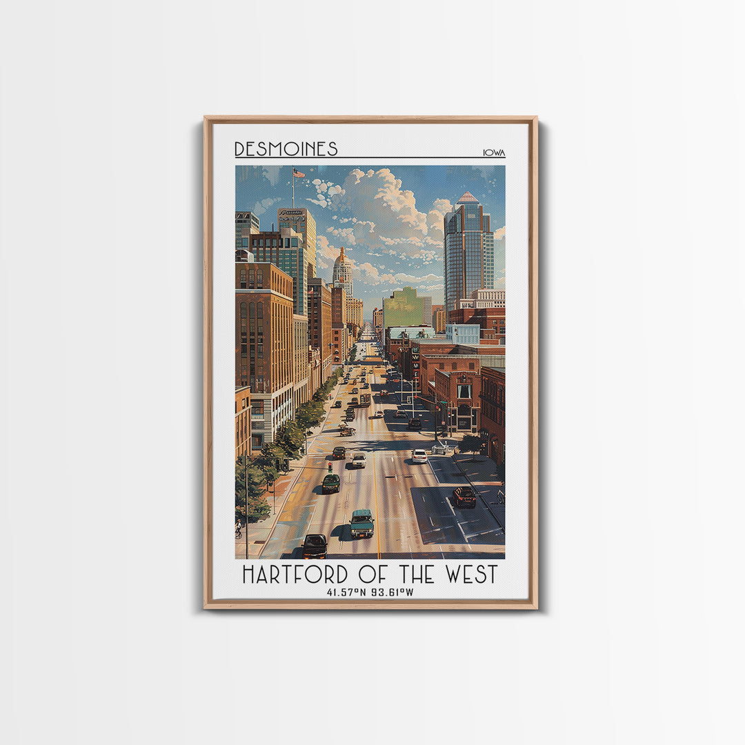 Des Moines Travel Poster, Framed Canvas Print, Travel Wall Decor, Minimalist Poster, Landscape Art, City Illustration, Travel Prints