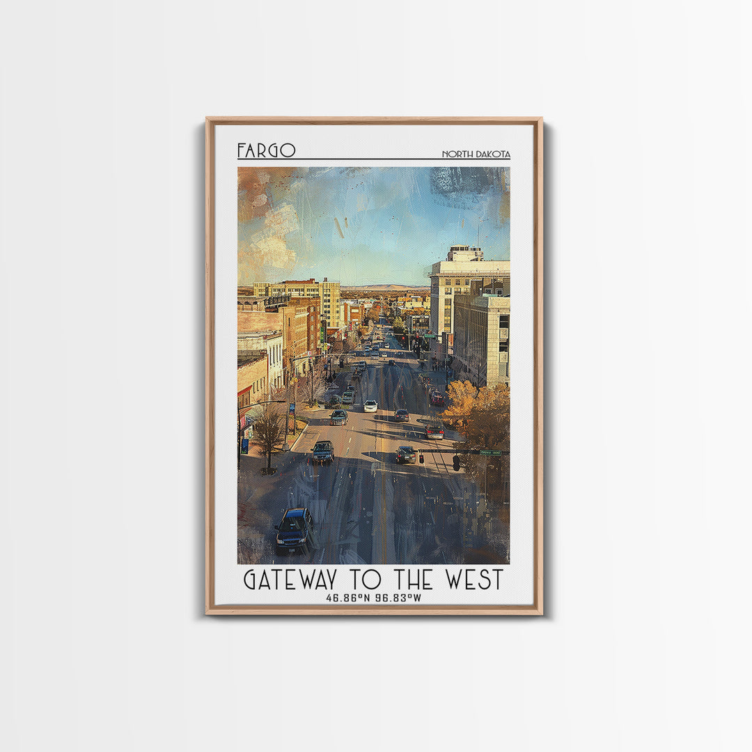 Fargo Travel Poster, Framed Canvas Print, Retro Travel Poster, City Wall Art, Travel Print, City Travel Poster, Watercolor Cityscape