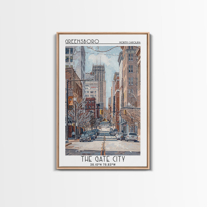 Greensboro Travel Poster, Framed Canvas Print, Retro Wall Art, Travel Print, Vintage Travel, Vintage Travel Print, City Illustration