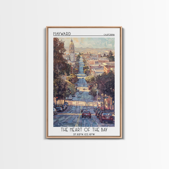 Hayward Travel Poster, Framed Canvas Print, City Travel Poster, Travel Wall Art, Retro Wall Art, Watercolor Cityscape, City Wall Art