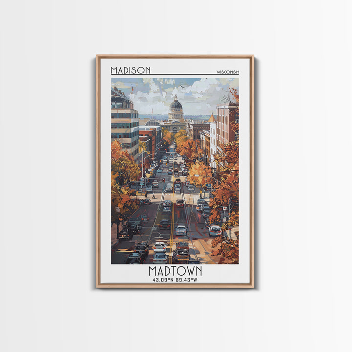 Madison Travel Poster, Framed Canvas Print, Travel Wall Art, City Wall Art, Retro Travel Print, City Art Print, Living Room Wall Art