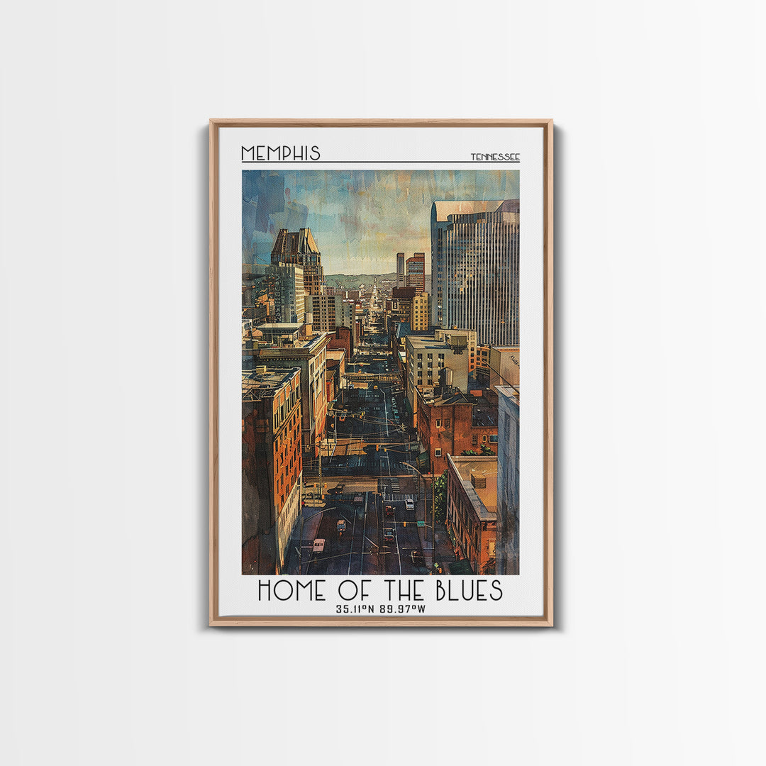 Memphis Travel Poster, Framed Canvas Print, City Art Print, Travel Wall Art, Travel Print, Watercolor Cityscape, Retro Travel Poster