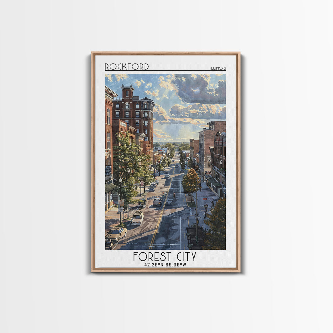 Rockford Travel Poster, Framed Canvas Print, Travel Wall Decor, Minimalist Poster, Travel Wall Art, Travel Prints, City Illustration