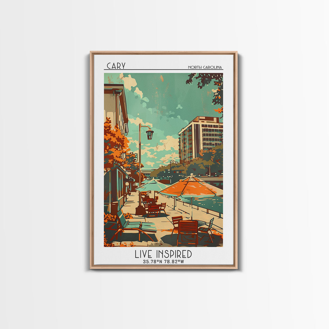 Cary North Carolina Travel Poster, Framed Canvas Print, Retro Wall Art, Travel Print, Art Print, Home Office Decor, Travel Art Print