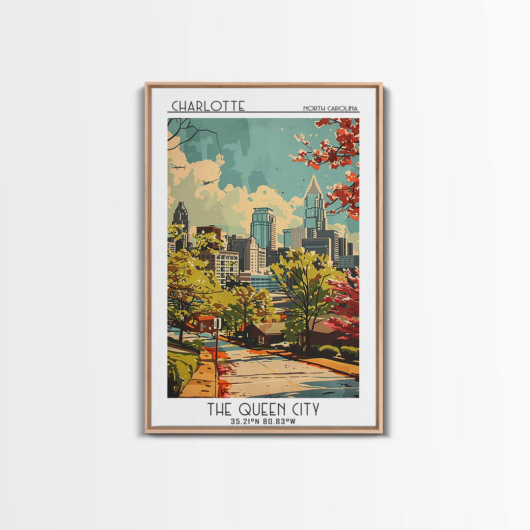 Charlotte North Carolina Travel Poster, Framed Canvas Print, Retro Wall Art, Travel Print, Fine Art Print, Wall Art, Travel Wall Art