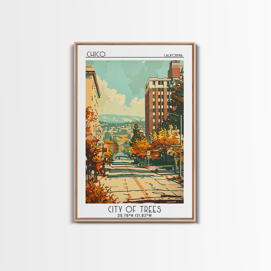 Chico California Travel Poster, Framed Canvas Print, Travel Art Print, Modern Wall Decor, Poster Art, Retro Wall Art, Travel Posters