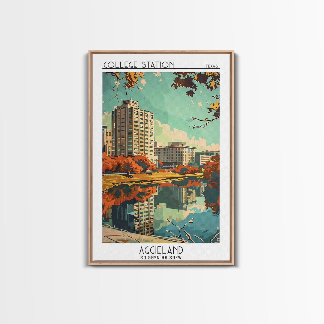 College Station Texas Travel Poster, Framed Canvas Print, Travel Prints, Landscape Art, Poster Art, Wanderlust Gift, Vintage Posters