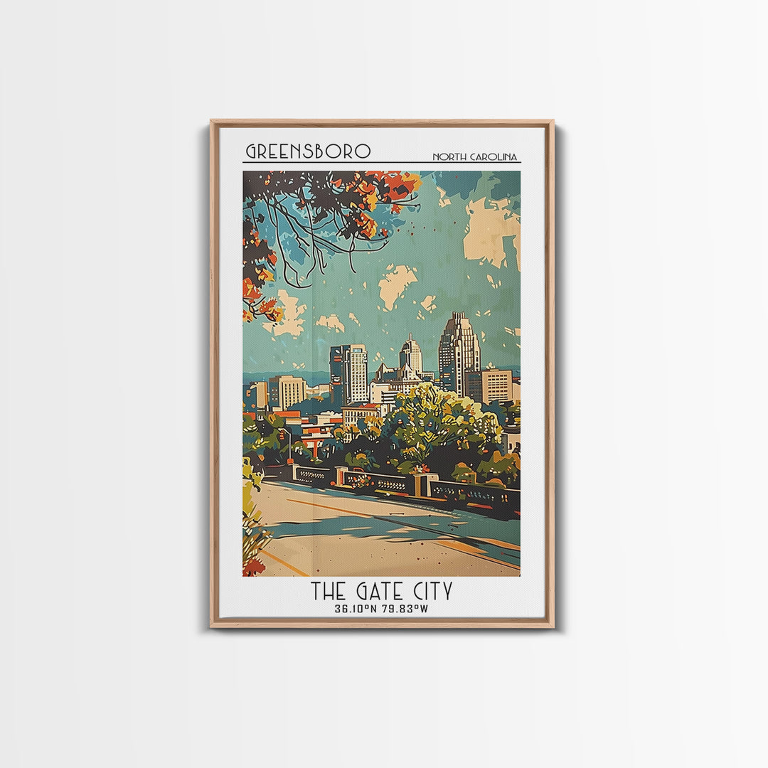 Greensboro Travel Poster, Framed Canvas Print, Retro Wall Art, Travel Print, Living Room Wall Art, Minimalist Poster, Fine Art Print