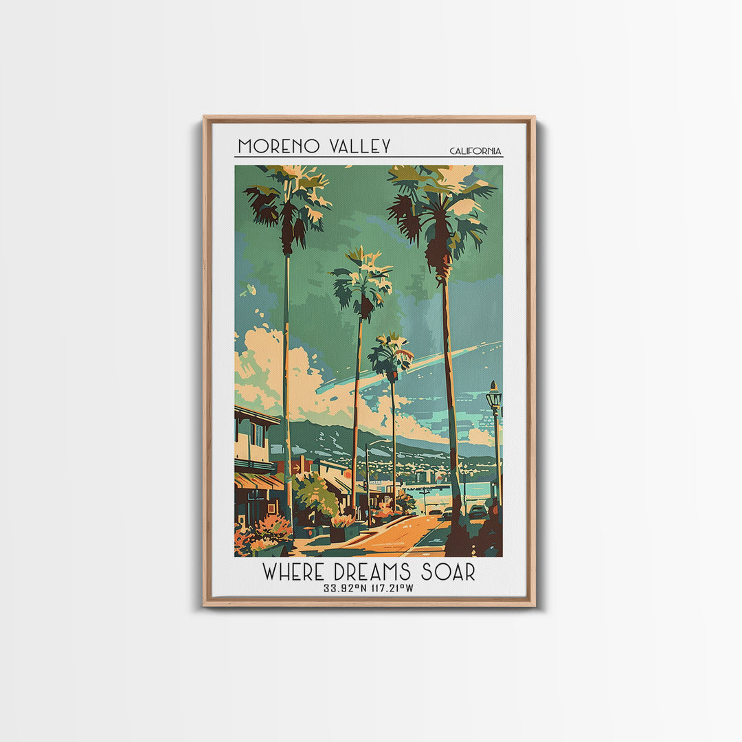 Moreno Valley California Travel Poster, Framed Canvas Print, Travel Wall Art, City Wall Art, Living Room Wall Art, City Illustration