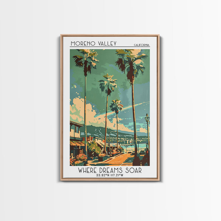 Moreno Valley California Travel Poster, Framed Canvas Print, Travel Wall Art, City Wall Art, Living Room Wall Art, City Illustration