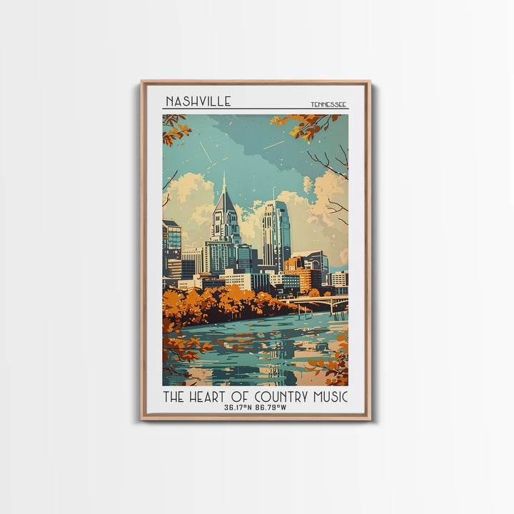 Nashville Travel Poster, Framed Canvas Print, Retro Wall Art, Travel Print, Travel Wall Art, Living Room Wall Art, Colorful Wall Art