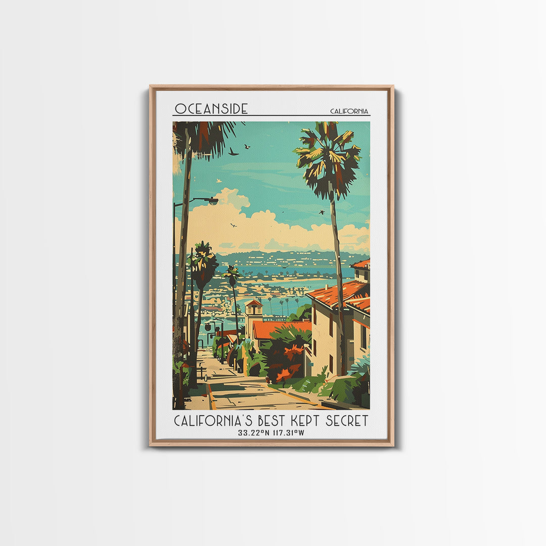 Oceanside California Travel Poster, Framed Canvas Print, Retro Travel Poster, City Wall Art, Home Decor, Landscape Art, Travel Decor