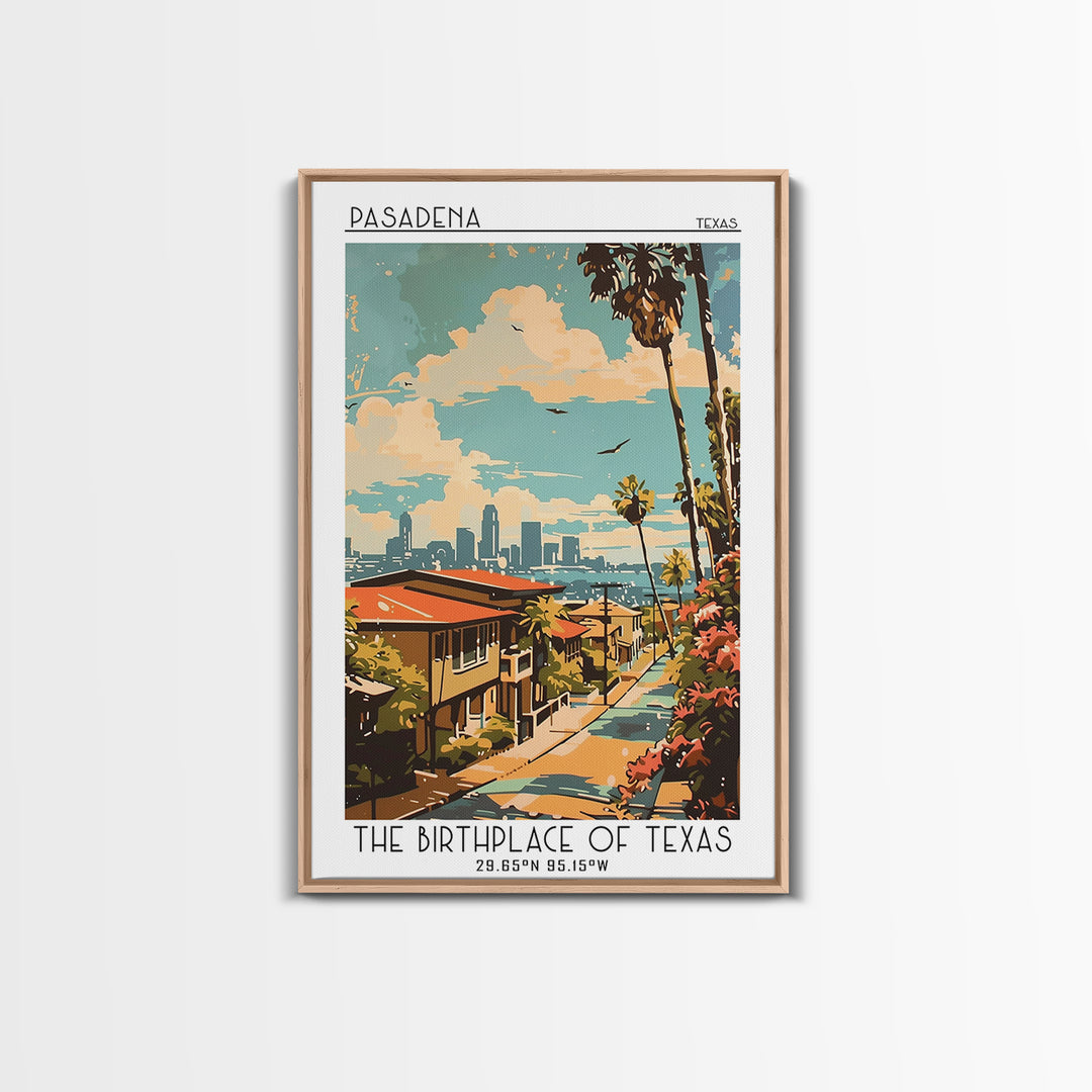 Pasadena Texas Travel Poster, Canvas Print, Retro Travel Poster, City Wall Art, Retro Travel Print, Home Decor, Watercolor Cityscape