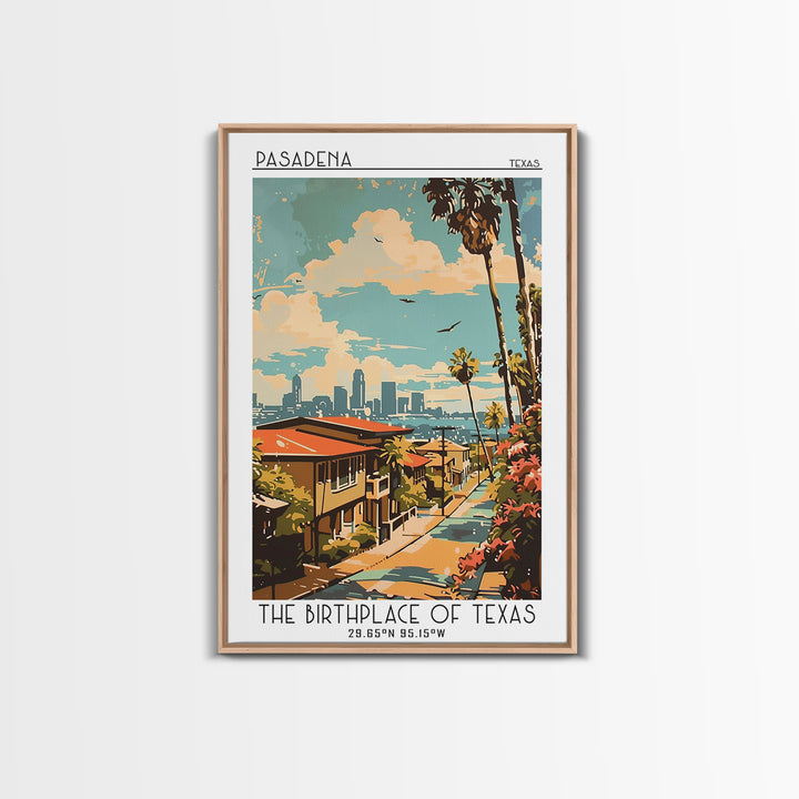 Pasadena Texas Travel Poster, Canvas Print, Retro Travel Poster, City Wall Art, Retro Travel Print, Home Decor, Watercolor Cityscape