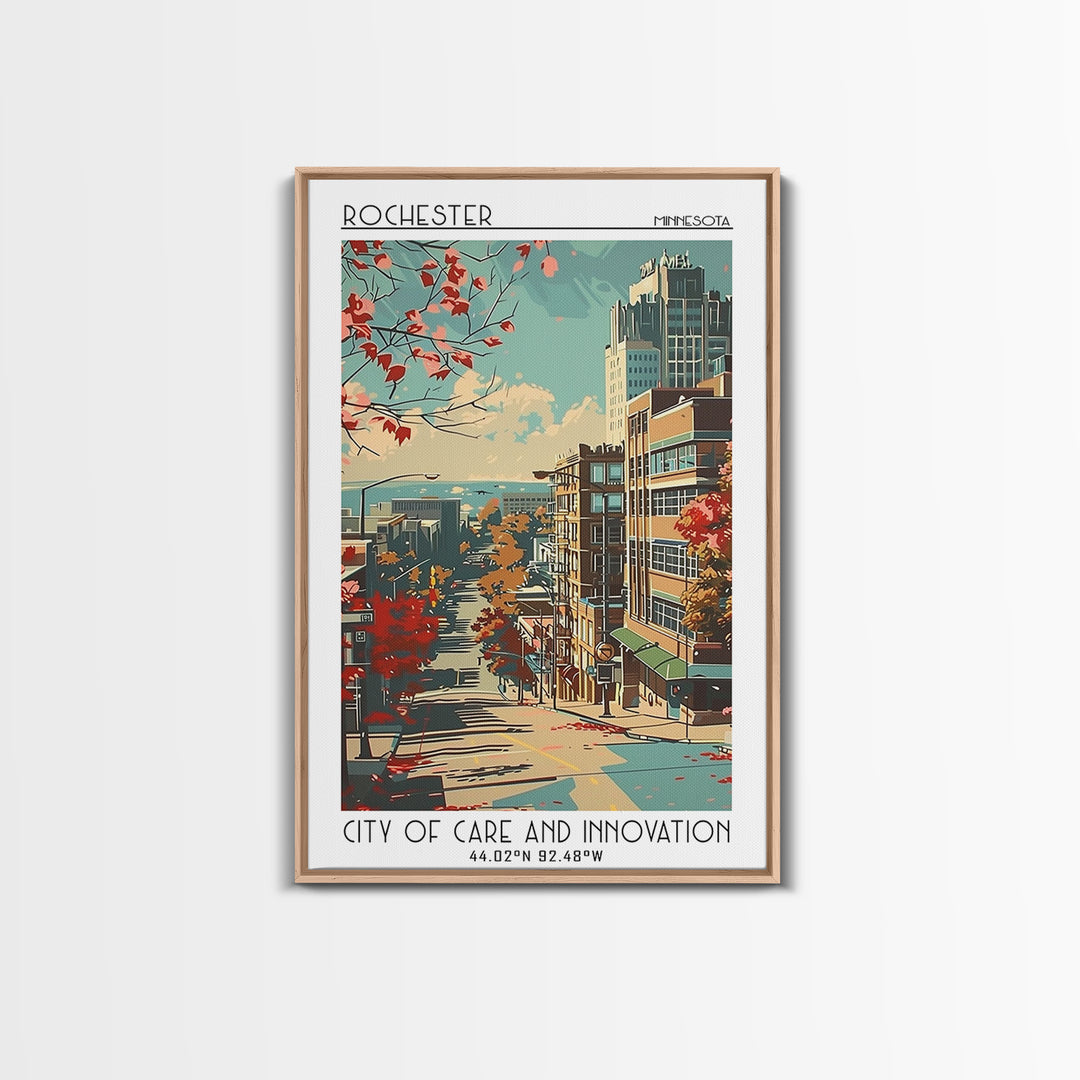 Rochester Minnesota Travel Poster, Framed Canvas Print, Retro Wall Art, Travel Print, Mid Century Wall Art, Fine Art Print, Wall Art