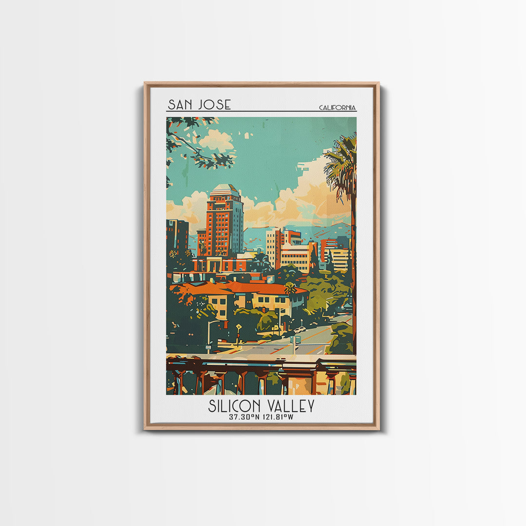 San Jose California Travel Poster, Framed Canvas Print, Travel Prints, Landscape Art, Vintage Travel Print, Wall Art, Retro Wall Art