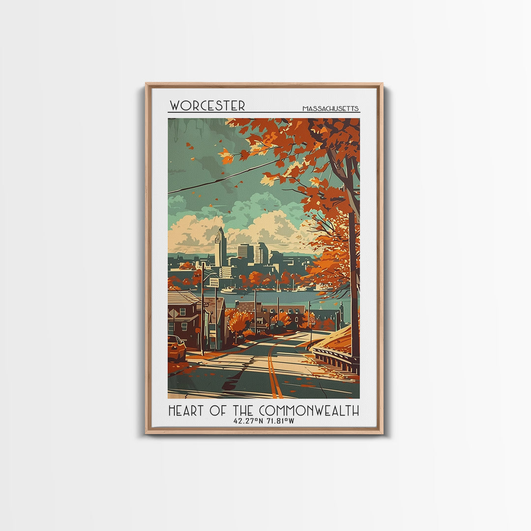 Worcester Massachusetts Travel Poster, Framed Canvas Print, Travel Prints, Landscape Art, Watercolor Cityscape, Mid Century Wall Art