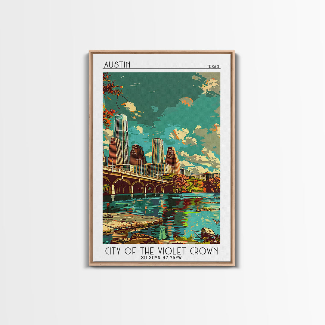 Austin Travel Poster, Framed Canvas Print, Travel Prints, Landscape Art, Travel Art Print, Home Office Decor, Wall Art, Travel Decor