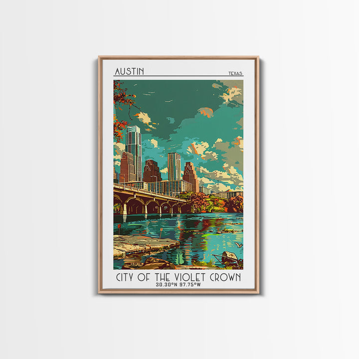 Austin Travel Poster, Framed Canvas Print, Travel Prints, Landscape Art, Travel Art Print, Home Office Decor, Wall Art, Travel Decor