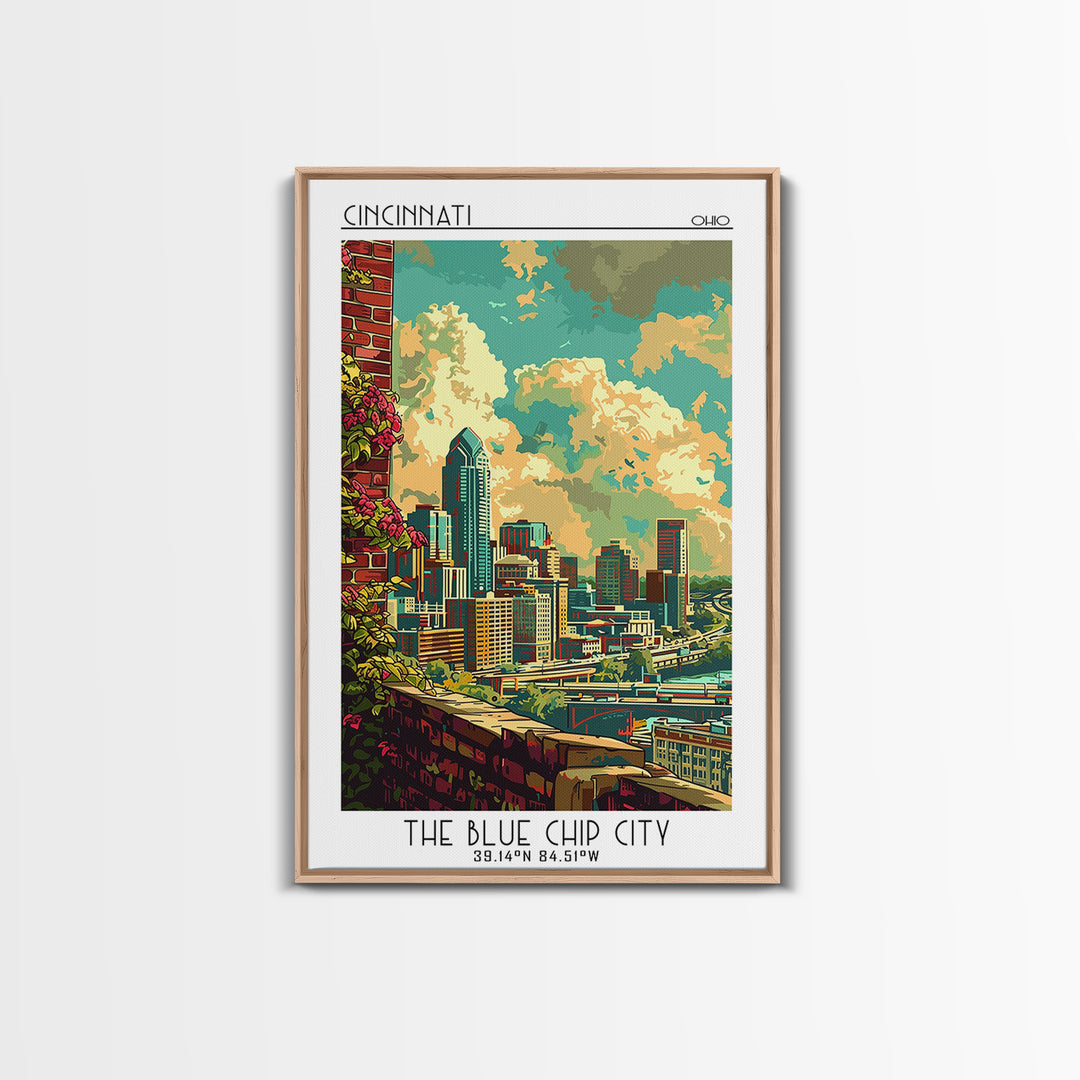 Cincinnati Travel Poster, Canvas Print, Retro Travel Poster, City Wall Art, Mid Century Wall Art, Travel Print, Watercolor Cityscape
