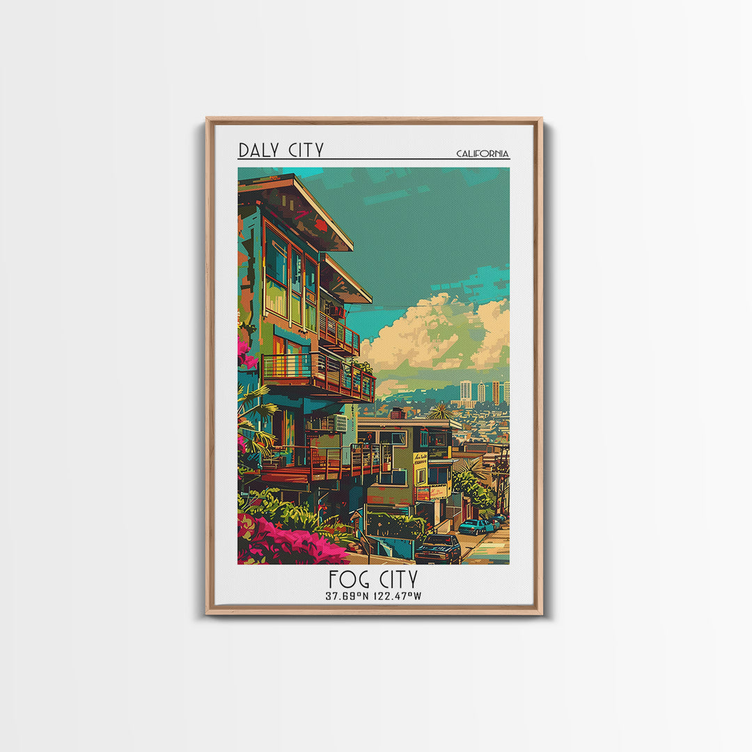 Daly City Travel Poster, Framed Canvas Print, Retro Wall Art, Travel Print, Living Room Wall Art, Vintage Travel, City Travel Poster
