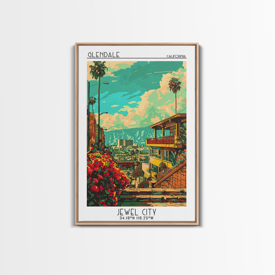 Glendale California Travel Poster, Framed Canvas Print, Travel Wall Decor, Minimalist Poster, Retro Travel Poster, City Illustration