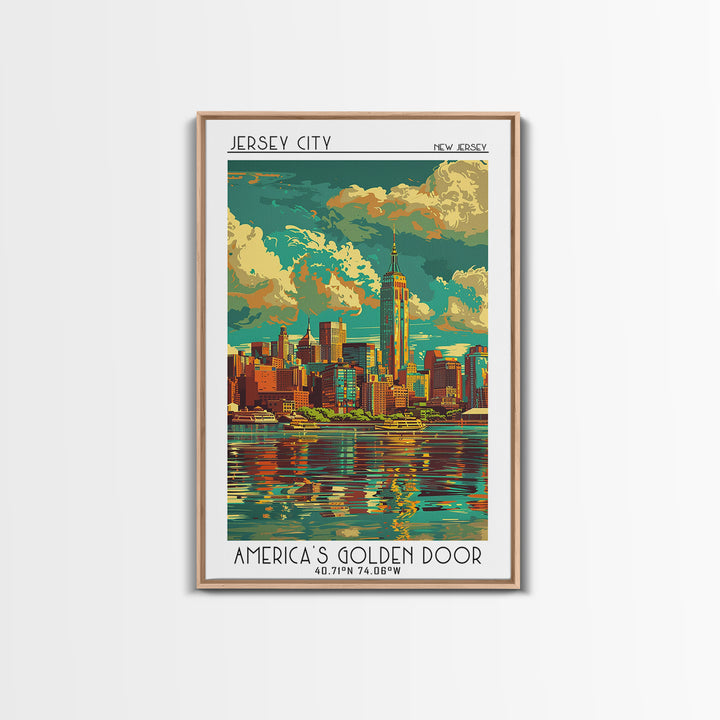 Jersey City Travel Poster, Framed Canvas Print, Retro Wall Art, Travel Print, Vintage Posters, Gallery Wall Set, Vintage City Poster
