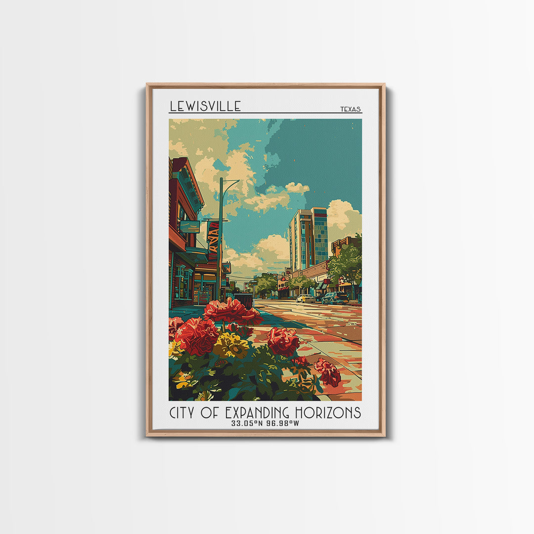Lewisville Travel Poster, Framed Canvas Print, Travel Prints, Landscape Art, Retro Travel Poster, Poster Print, Watercolor Cityscape