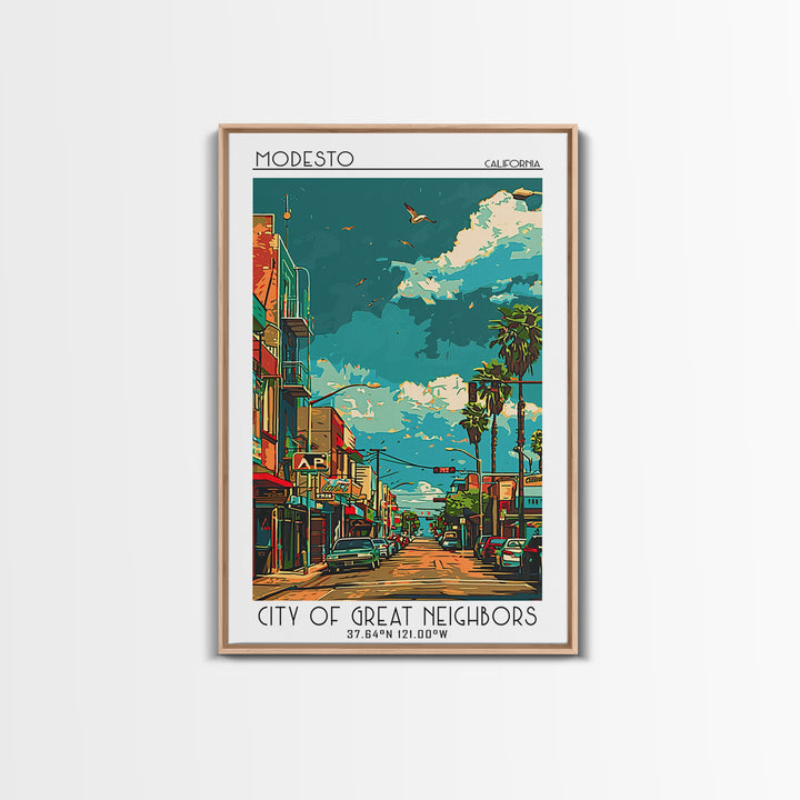 Modesto Travel Poster, Canvas Print, Travel Wall Art, City Wall Art, City Illustration, Travel Print, Vintage Poster, City Art Print