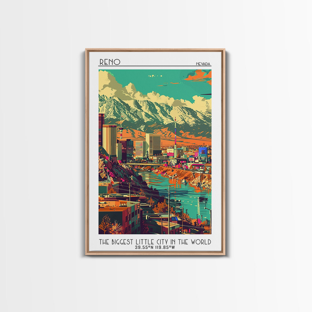 Reno Travel Poster, Framed Canvas Print, Travel Wall Art, City Wall Art, Wall Art, Art Print, Retro Travel Poster, Home Office Decor