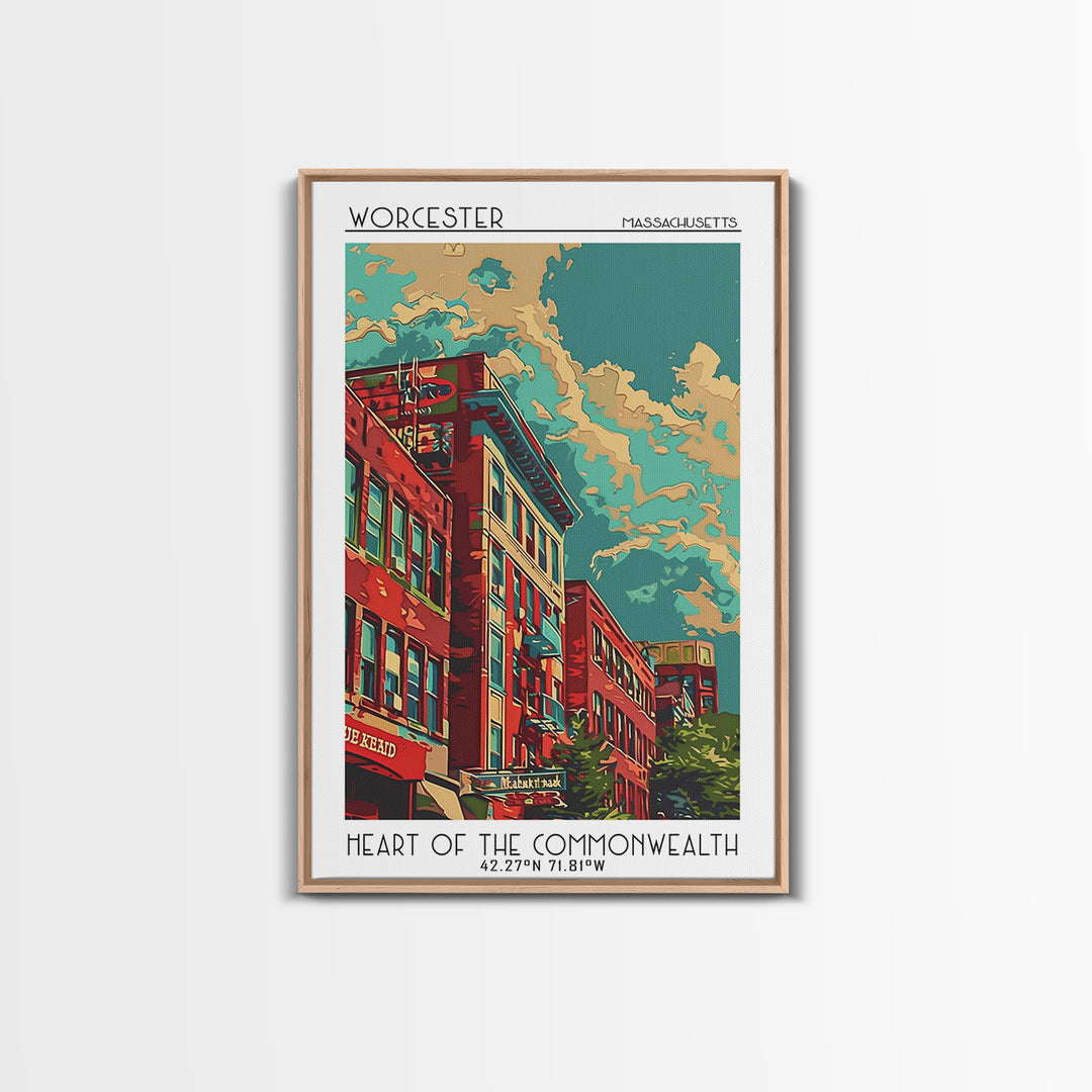 Worcester Travel Poster, Framed Canvas Print, Travel Prints, Landscape Art, Living Room Wall Art, Watercolor Cityscape, Travel Print