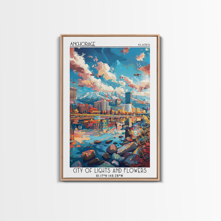 Anchorage Travel Poster, Framed Canvas Print, Retro Travel Poster, City Wall Art, Wanderlust Gift, City Illustration, Vintage Travel