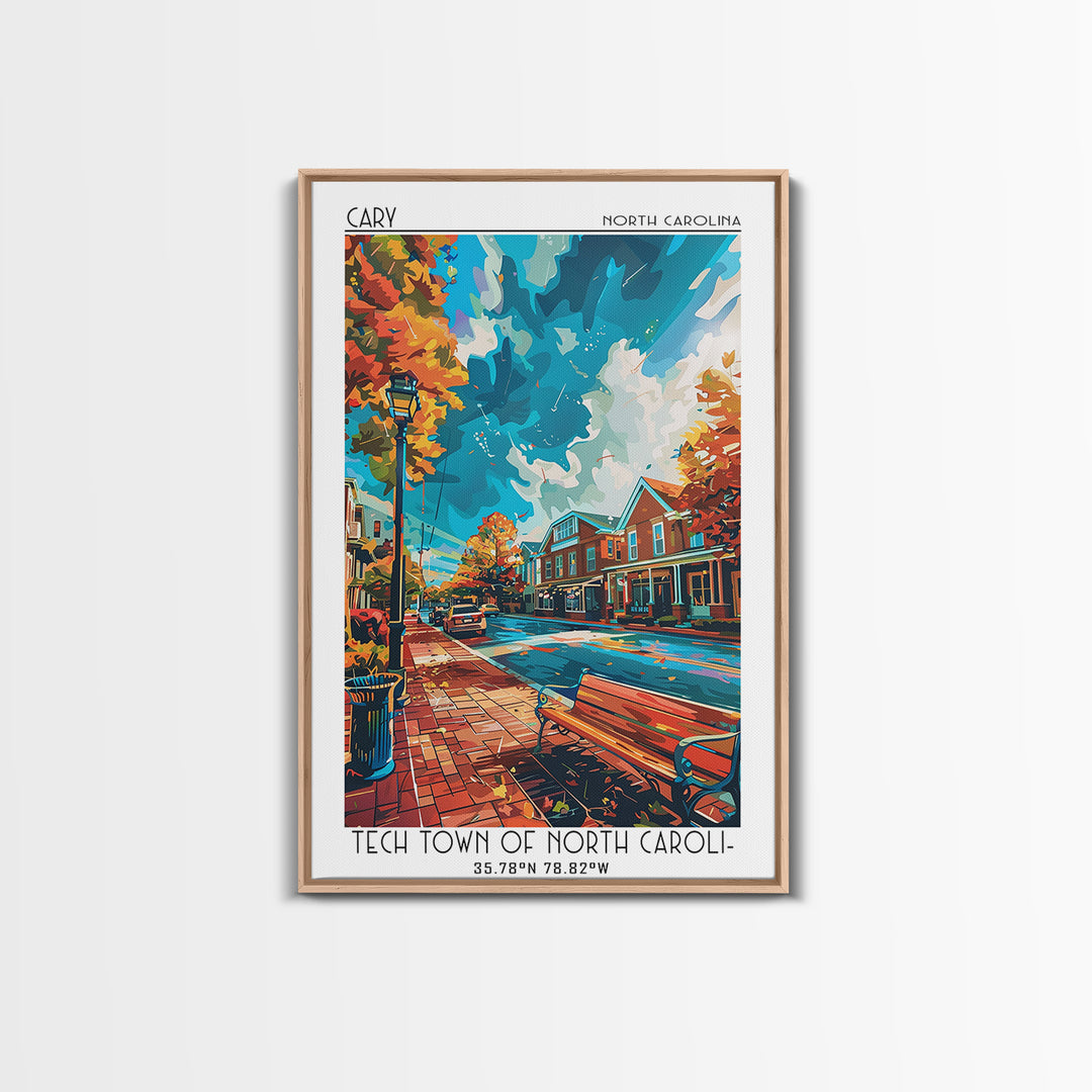 Cary Travel Poster, Framed Canvas Print, Retro Wall Art, Travel Print, Vintage City Poster, Retro Travel Print, Living Room Wall Art