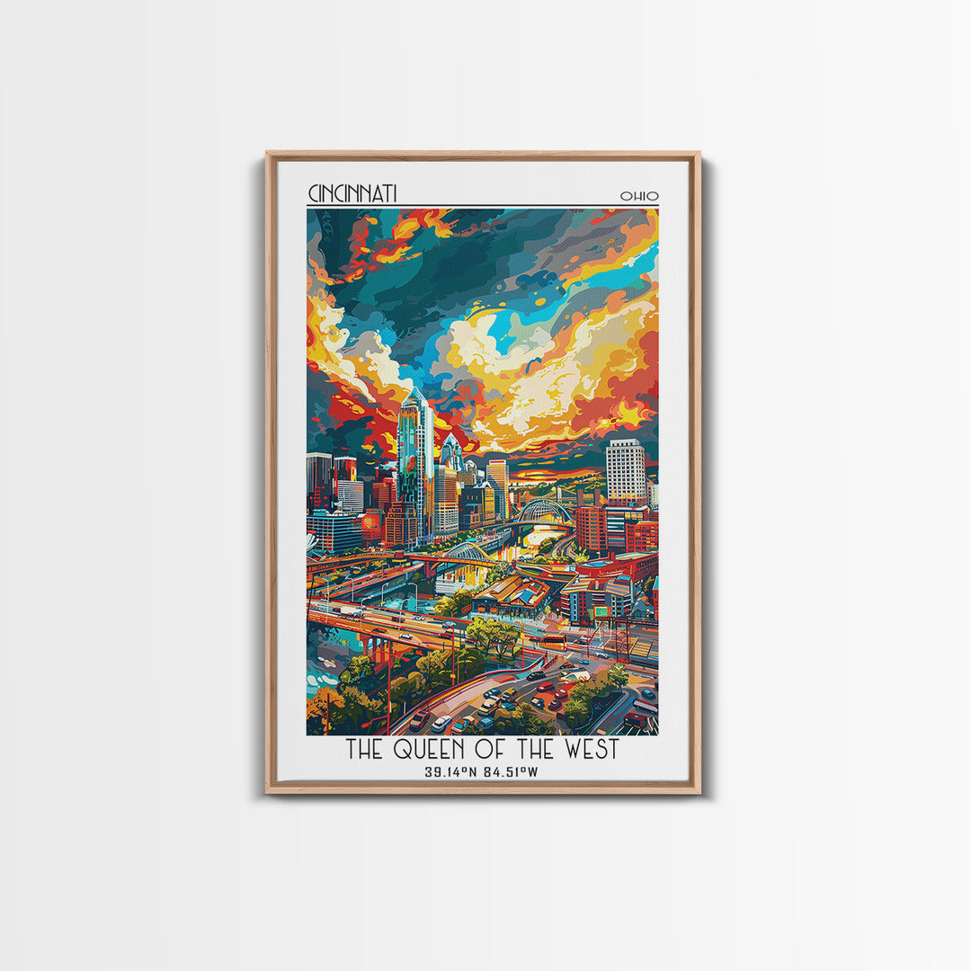 Cincinnati Travel Poster, Canvas Print, Travel Prints, Landscape Art, Vintage Travel, Wanderlust Gift, City Wall Art, Retro Wall Art