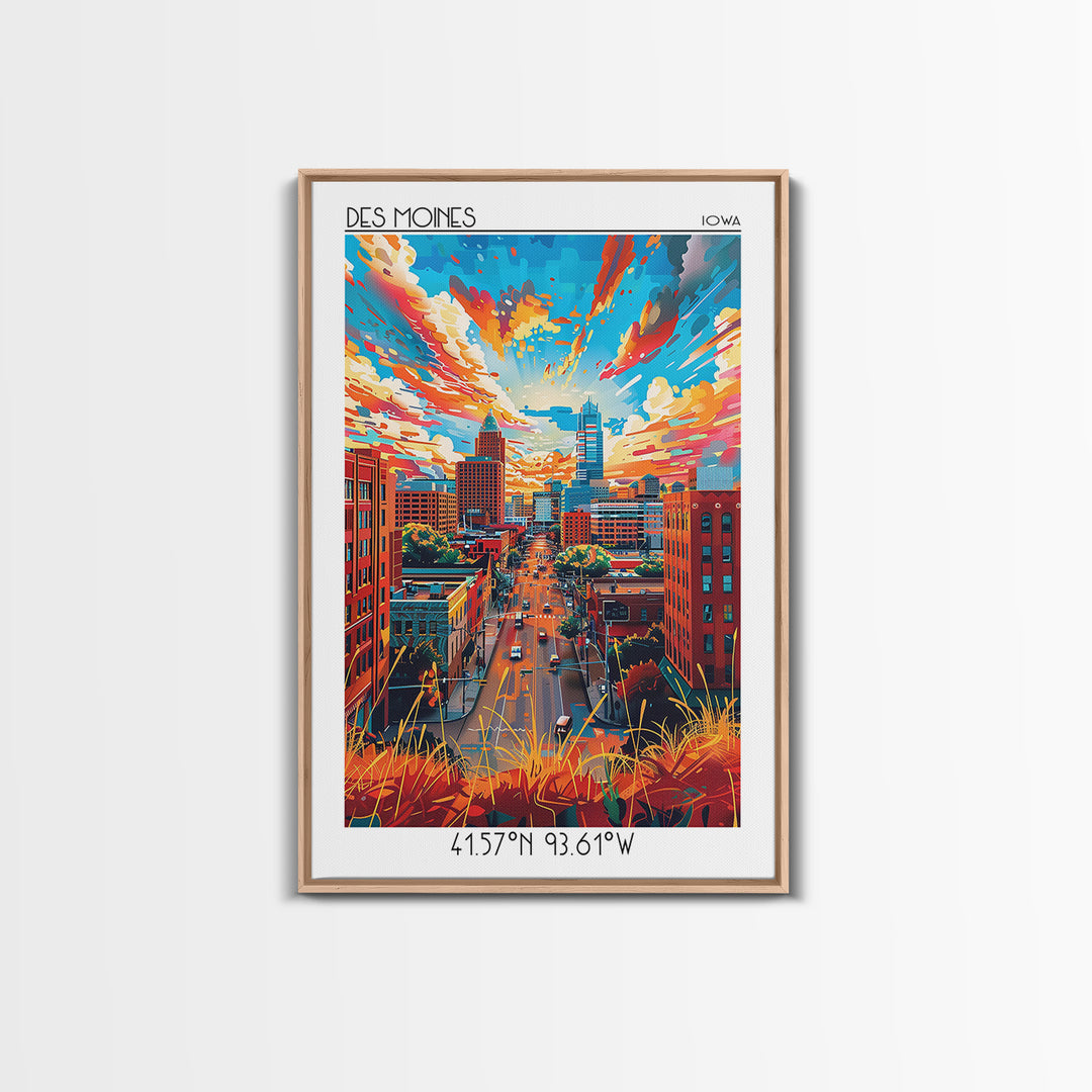 Des Moines Travel Poster, Canvas Print, Travel Wall Art, City Wall Art, City Illustration, Mid Century Wall Art, Retro Travel Poster