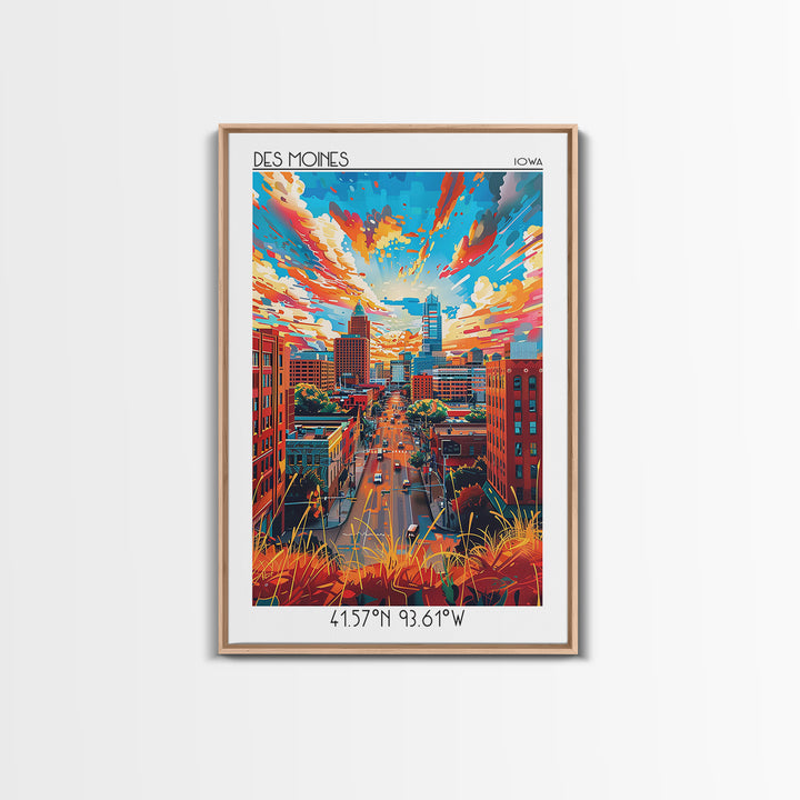 Des Moines Travel Poster, Canvas Print, Travel Wall Art, City Wall Art, City Illustration, Mid Century Wall Art, Retro Travel Poster