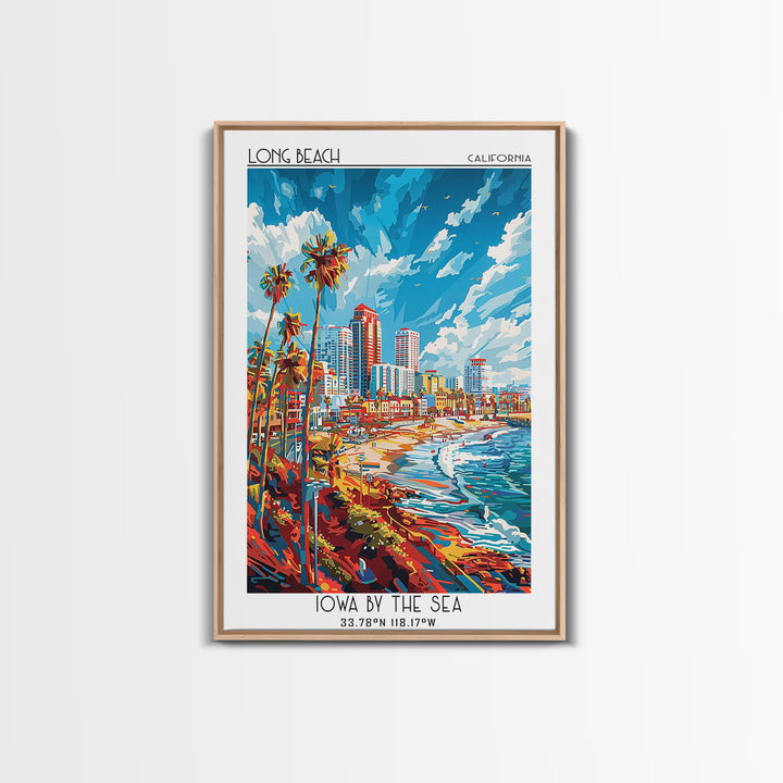 Long Beach Travel Poster, Framed Canvas Print, Travel Prints, Landscape Art, Watercolor Cityscape, Retro Wall Art, Colorful Wall Art