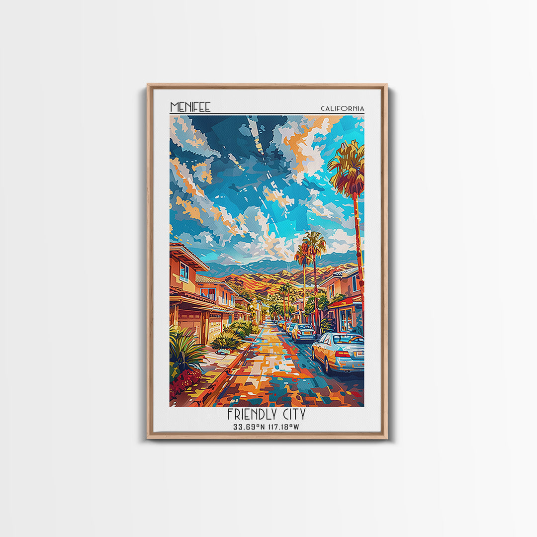 Menifee Travel Poster, Framed Canvas Print, Retro Travel Poster, City Wall Art, Living Room Wall Art, Retro Wall Art, Vintage Poster