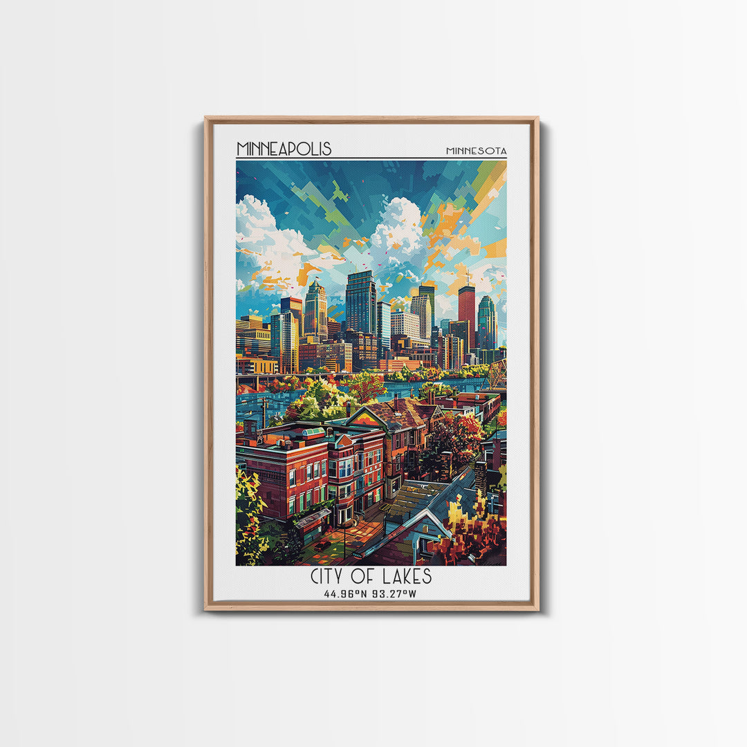 Minneapolis Travel Poster, Framed Canvas Print, Travel Wall Art, City Wall Art, Wanderlust Gift, Vintage Posters, Vintage Travel Art