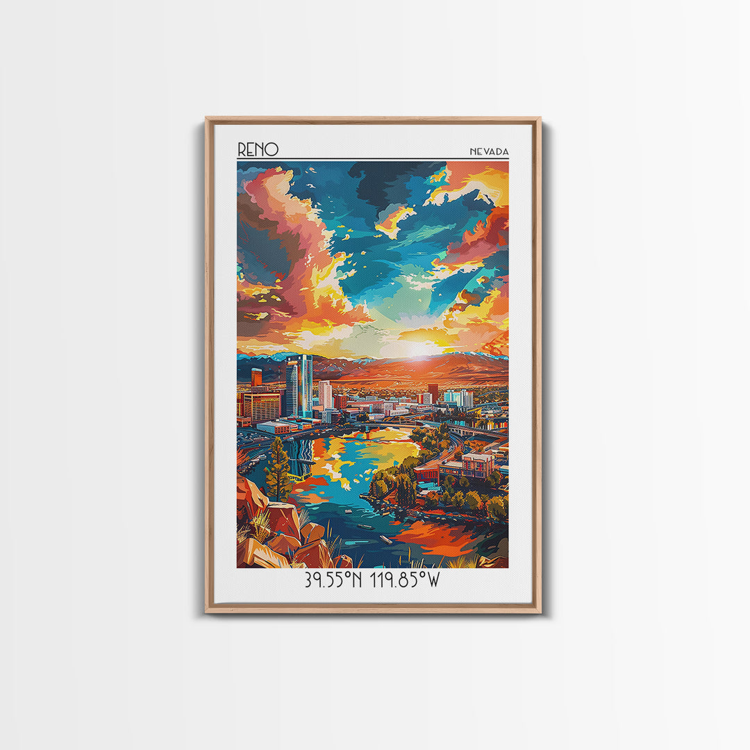 Reno Travel Poster, Framed Canvas Print, City Travel Poster, Travel Wall Art, City Illustration, Vintage City Poster, Retro Wall Art