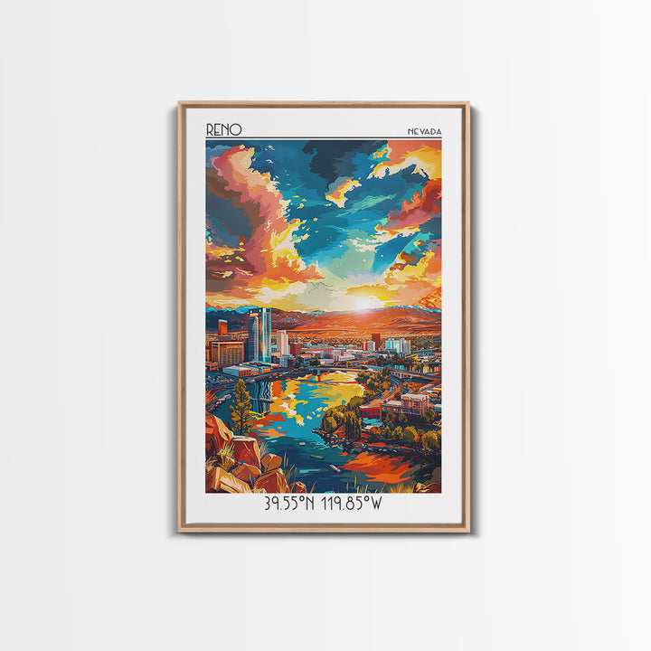 Reno Travel Poster, Framed Canvas Print, City Travel Poster, Travel Wall Art, City Illustration, Vintage City Poster, Retro Wall Art