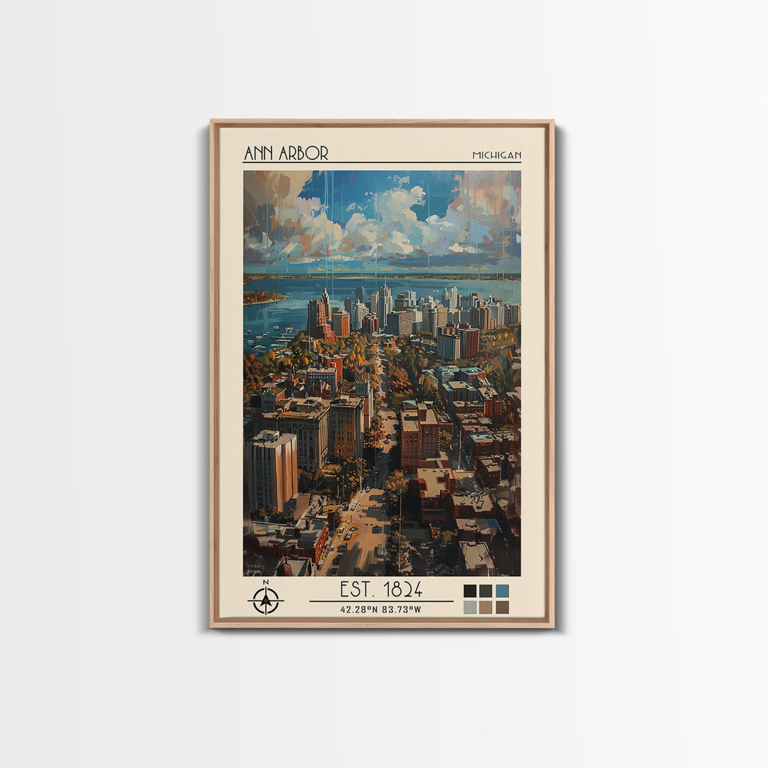 Ann Arbor Travel Poster, Framed Canvas Print, Travel Art Print, Modern Wall Decor, City Wall Art, Minimalist Poster, Travel Wall Art