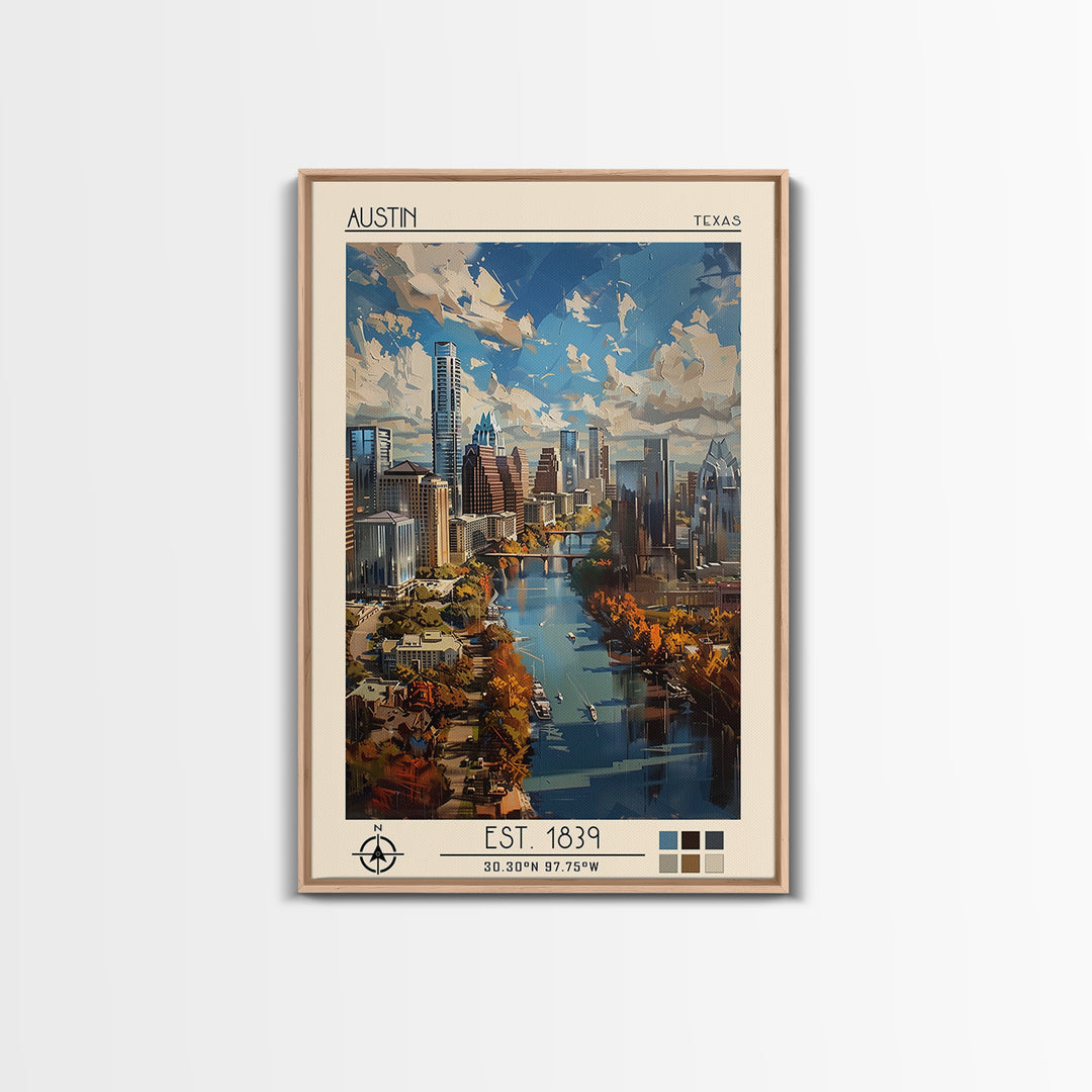 Austin Travel Poster, Framed Canvas Print, City Travel Poster, Travel Wall Art, Wanderlust Gift, Travel Art Print, City Illustration