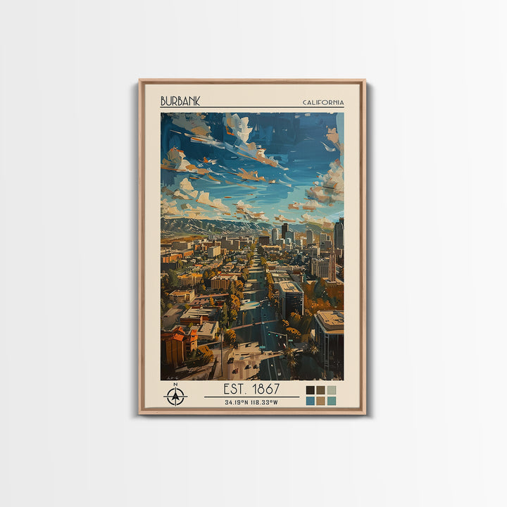 Burbank Travel Poster, Canvas Print, City Travel Poster, Travel Wall Decor, Living Room Wall Art, Travel Wall Art, Colorful Wall Art