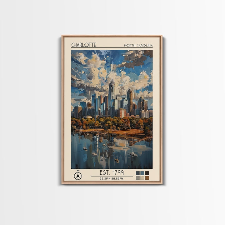 Charlotte Travel Poster, Framed Canvas Print, Travel Art Print, Modern Wall Decor, Wanderlust Gift, Watercolor Cityscape, Poster Art
