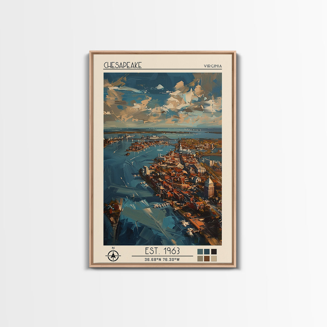 Chesapeake Travel Poster, Framed Canvas Print, Retro Wall Art, Travel Print, Watercolor Cityscape, Travel Posters, Minimalist Poster
