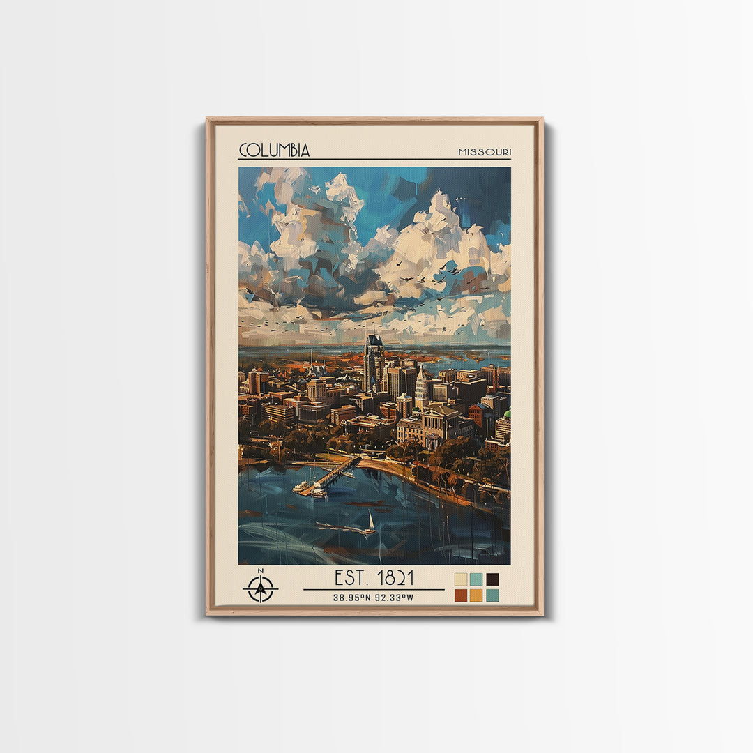 Columbia South Carolina Travel Poster, Framed Canvas Print, Travel Art Print, Modern Wall Decor, Living Room Wall Art, City Wall Art
