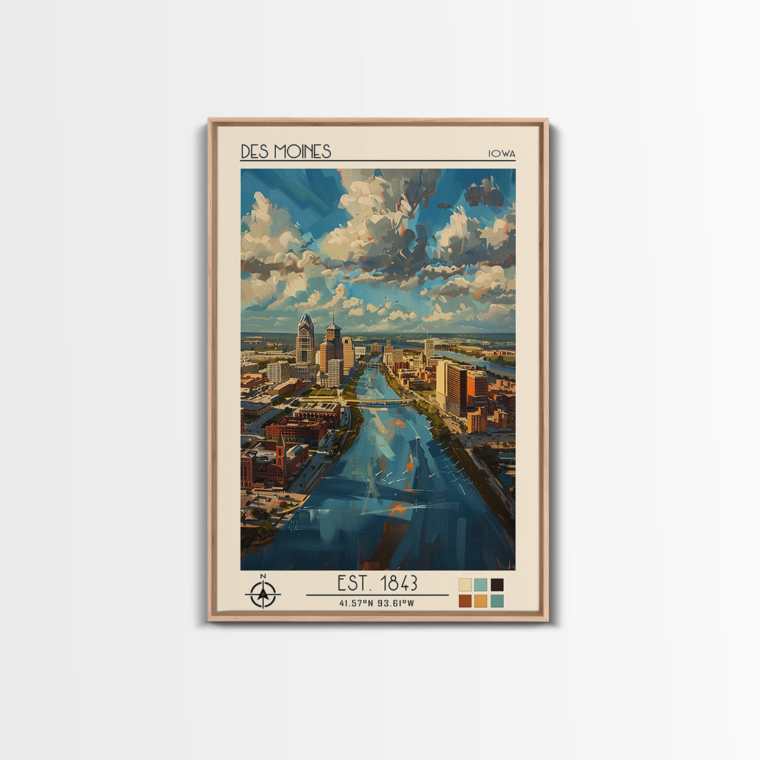 Des Moines Travel Poster, Framed Canvas Print, Retro Wall Art, Travel Print, Travel Art Print, Travel Wall Decor, City Travel Poster
