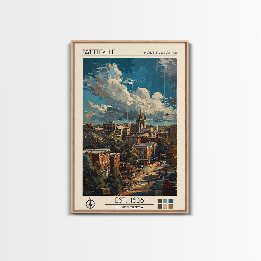Fayetteville Travel Poster, Framed Canvas Print, Travel Wall Art, City Wall Art, Vintage Posters, Retro Wall Art, Vintage Travel Art