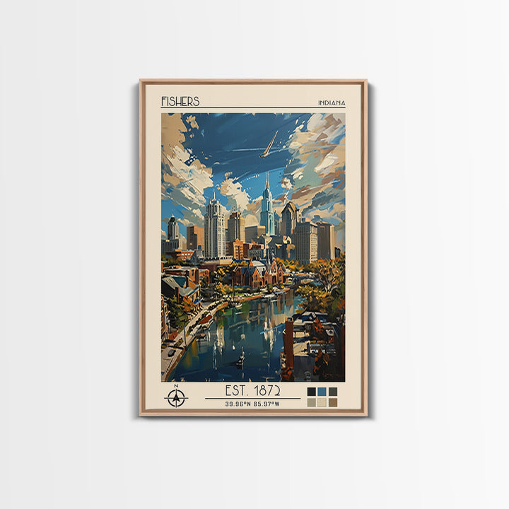 Fishers Travel Poster, Canvas Print, City Travel Poster, Travel Wall Art, Watercolor Cityscape, Gallery Wall Set, Retro Travel Print